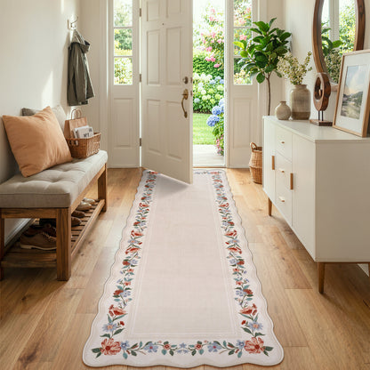 Lahome Floral Scalloped Area Rug for Living Room - Ultra-Thin Soft Washable Non-Slip Bedroom Stain Resistant Lightweight Boho Low-Pile Throw for Dining Room Office