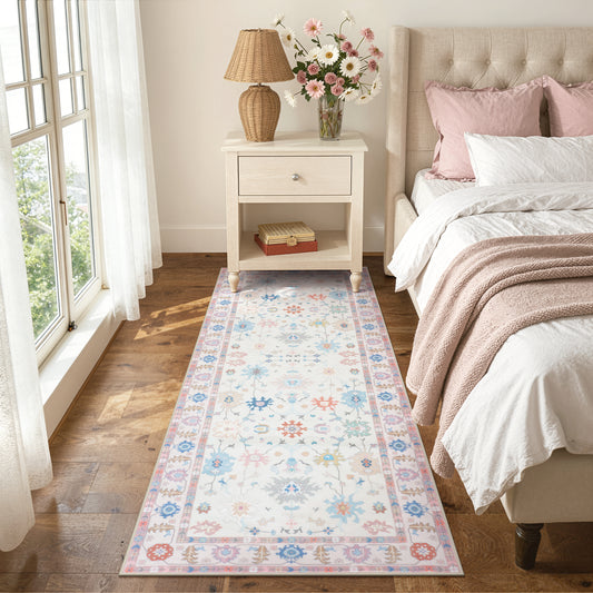 Lahome Decor Modern Oushak Washable Rugs,Boho Area Rug for Living Room,Stain Resistant Soft Bedroom Rug, Ultra-Thin Cream Colorful Vintage Floral Rugs for Farmhouse Dining Room