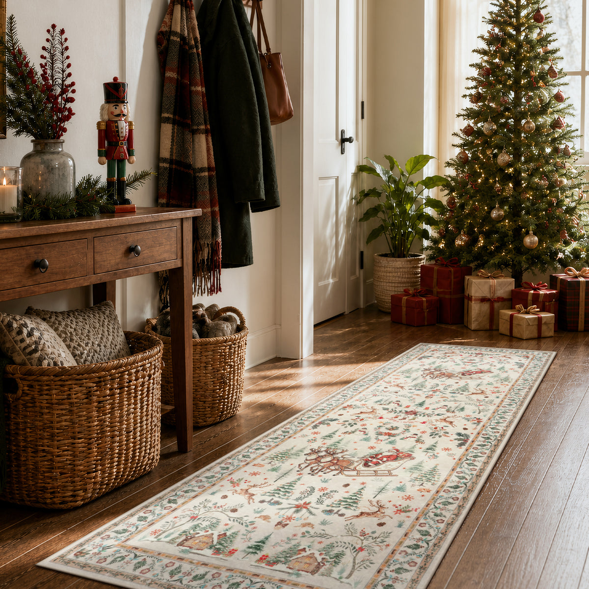 Lahome Decor  Christmas Area Rug, Washable Rug for Living Room, Non Slip Low Pile Soft Bedroom Rug Xmas Tree Elk Indoor Floor Carpet for Dining Room Winter Holiday Decor