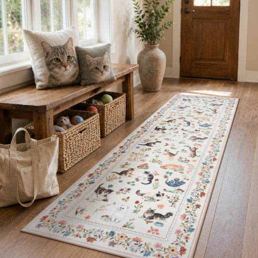 Lahome Decor Animal Cat Rug for Living Room ,Area Rug ,Non Slip Machine Washable Rugs ,Boho Floral Rug Low Pile Vintage Rug for Bedroom Dining Room Office Farmhouse