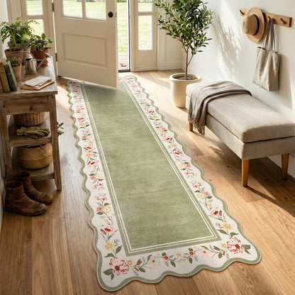 Lahome Floral Scalloped Area Rug for Living Room - Ultra-Thin Soft Washable Non-Slip Bedroom Stain Resistant Lightweight Boho Low-Pile Throw for Dining Room Office