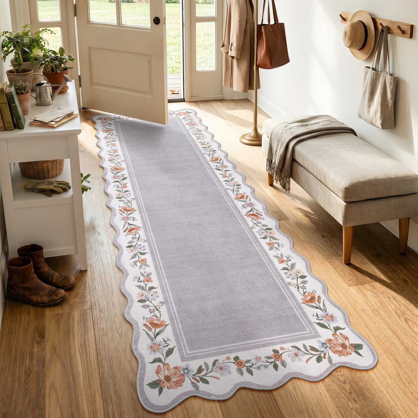 Lahome Floral Scalloped Area Rug for Living Room - Ultra-Thin Soft Washable Non-Slip Bedroom Stain Resistant Lightweight Boho Low-Pile Throw for Dining Room Office