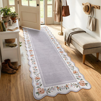 Lahome Floral Scalloped Area Rug for Living Room - Ultra-Thin Soft Washable Non-Slip Bedroom Stain Resistant Lightweight Boho Low-Pile Throw for Dining Room Office
