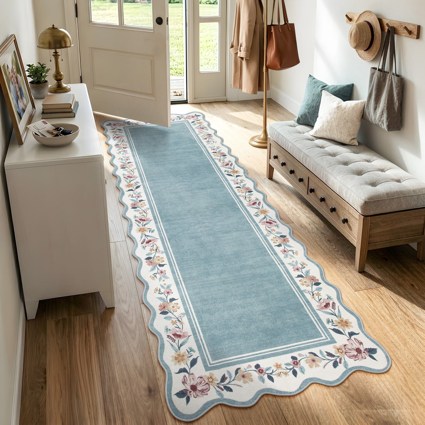 Lahome Floral Scalloped Area Rug for Living Room - Ultra-Thin Soft Washable Non-Slip Bedroom Stain Resistant Lightweight Boho Low-Pile Throw for Dining Room Office