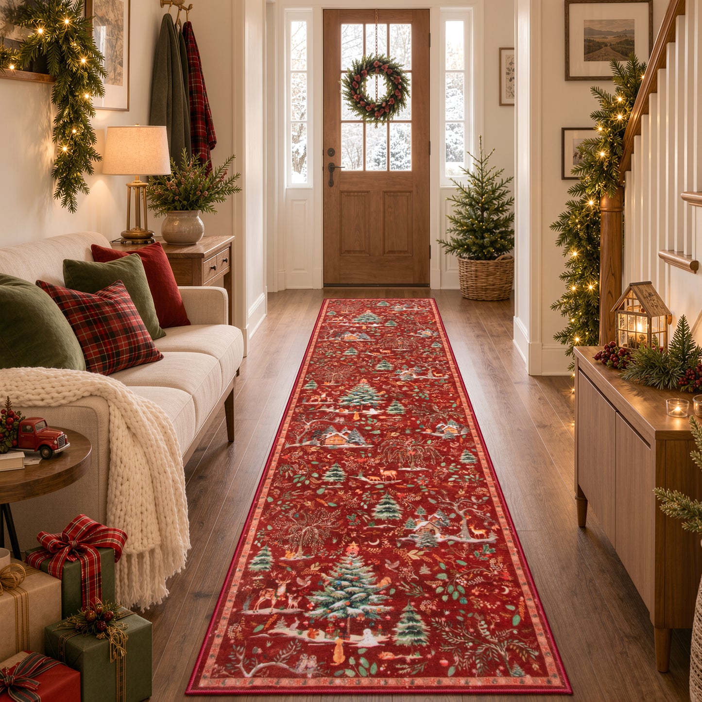 Wonnitar Christmas Washable Rug, Non Slip Christmas Entryway Area Rug, Soft Xmas Living Room Throw Rug, Ultra Thin Indoor Floor Carpet for Kitchen Bedroom Holiday Decor