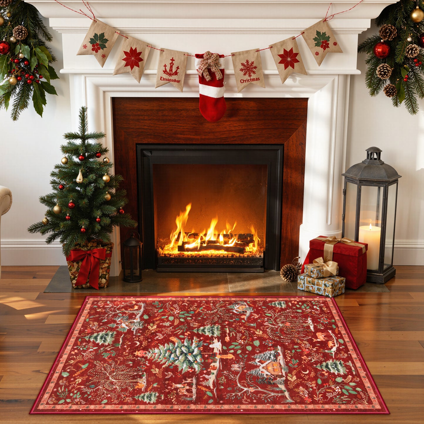 Wonnitar Christmas Washable Rug, Non Slip Christmas Entryway Area Rug, Soft Xmas Living Room Throw Rug, Ultra Thin Indoor Floor Carpet for Kitchen Bedroom Holiday Decor