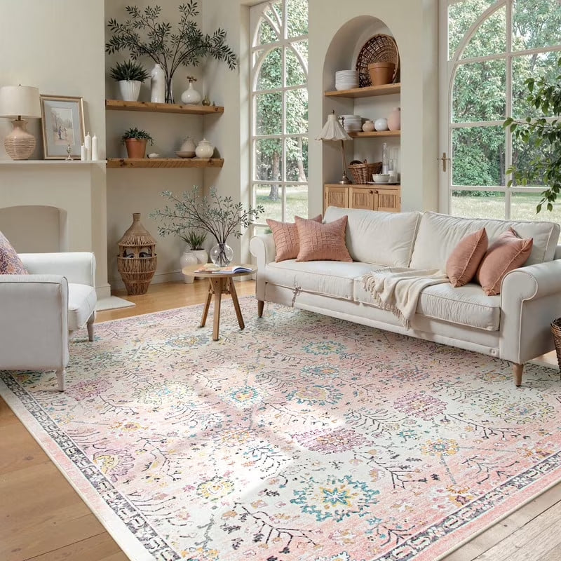Wonnitar Boho Area Rug, Rugs for Bedroom Large Living Room Area Rugs Soft Floral Playroom Rug, Washable Rugs Non Slip Pastel Rug for Bedroom Living Room Carpet