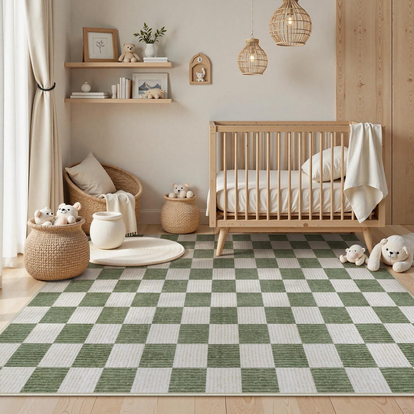 RUG ROBOT 5'x7' Washable Area Rugs for Living Room, Non-Slip Rugs for Bedroom, Farmhouse Checkered Rug, Soft Large Carpet for Kitchen Playroom, Green