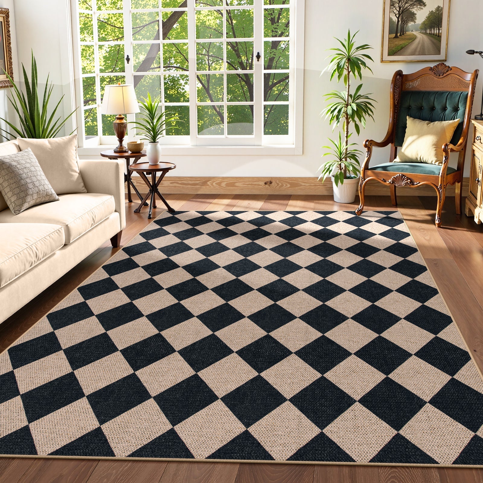 SUNDEREY Modern Geometric Area Rug,Large Washable Living Room Rug,Checkerboard Indoor Outdoor Carpet, Farmhouse Checkered Non Slip Black Carpet for Dining Room Table Apartment Walmart Walmart 6' x 9' Black/ Coline