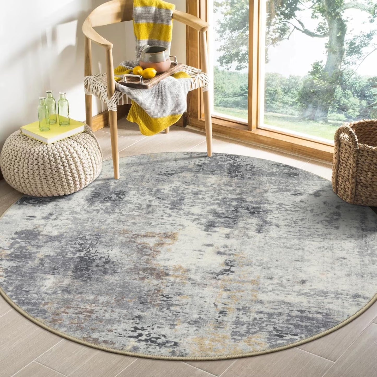 Moynesa Modern Abstract Round Rug,Gray Kitchen Rugs Soft Bedroom Circle Rugs Washable Living Room Mat, Contemporary Large Indoor Office Carpet for Mudroom Kitchen Apartment Basement