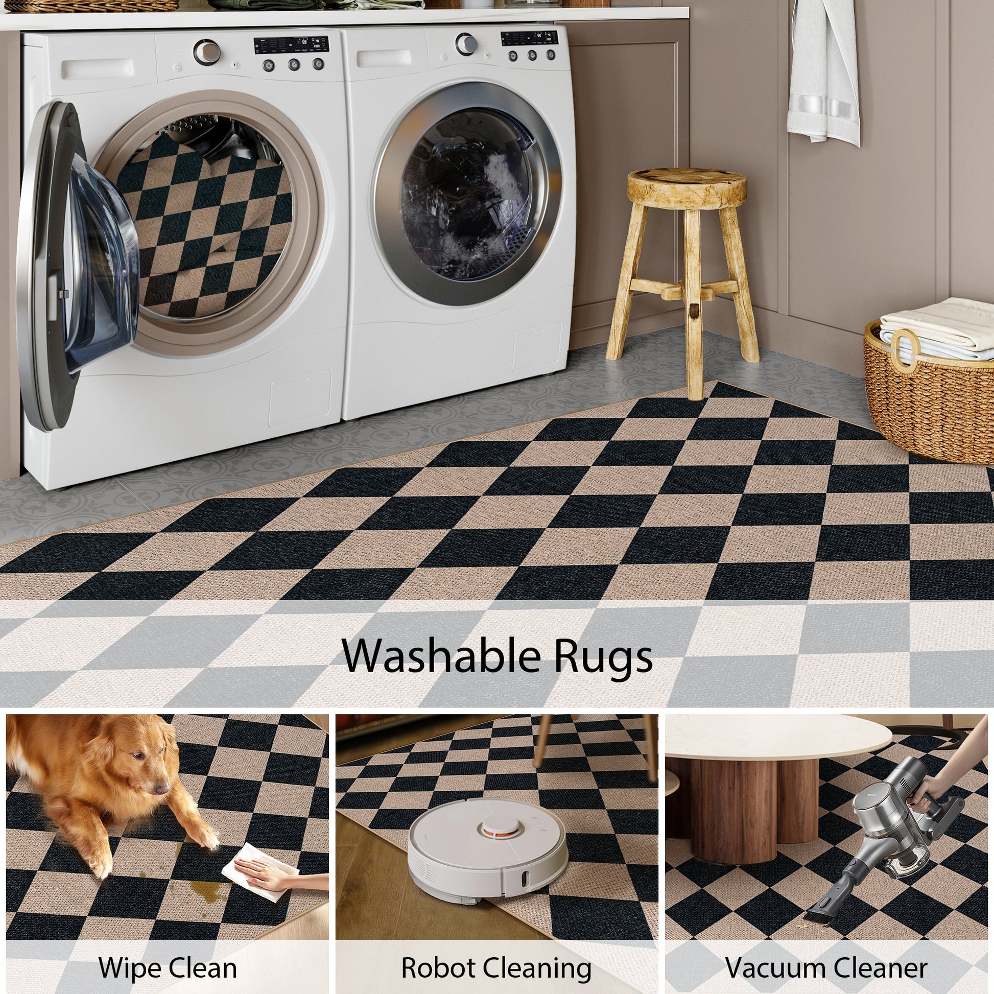 SUNDEREY Modern Geometric Area Rug,Large Washable Living Room Rug,Checkerboard Indoor Outdoor Carpet, Farmhouse Checkered Non Slip Black Carpet for Dining Room Table Apartment Walmart Walmart