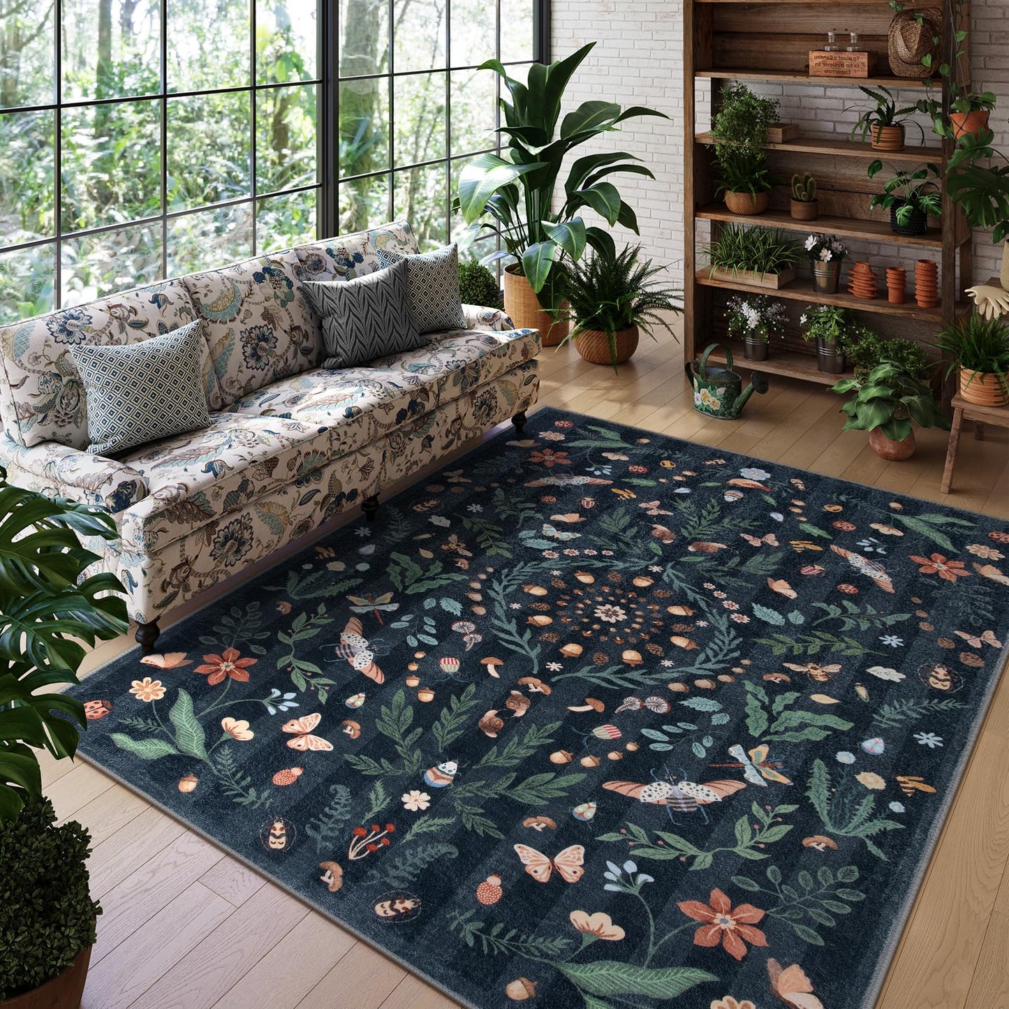 Lahome Decor Insect Botanical Washable Rugs for Bedroom, Soft Rug for Entryway, Kitchen Rugs Non Slip Washable, Boho Floral Indoor Throw Carpet for Bathroom Laundry Living Room
