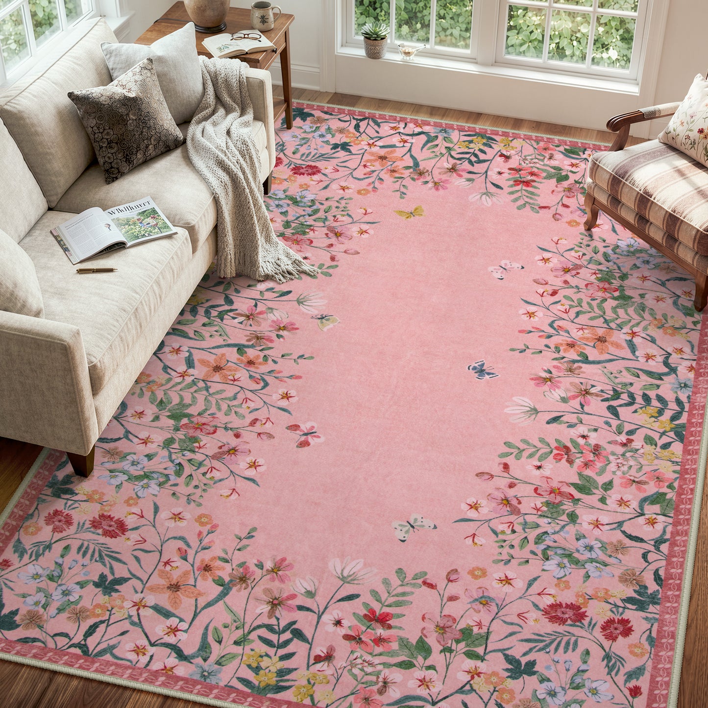Wonnitar Floral Washable Rug, Rugs for Bedroom, Soft Low Pile Living Room Area Rug, Non-Slip Throw Carpet for Nursery Playroom