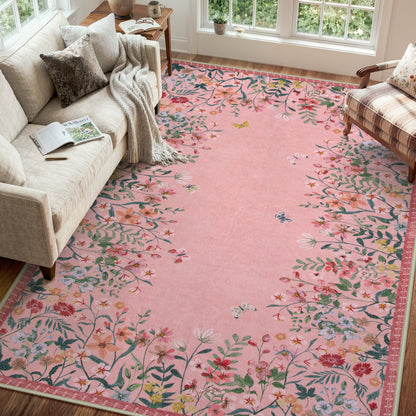 Wonnitar Floral Washable Rug, Rugs for Bedroom, Soft Low Pile Living Room Area Rug, Non-Slip Throw Carpet for Nursery Playroom