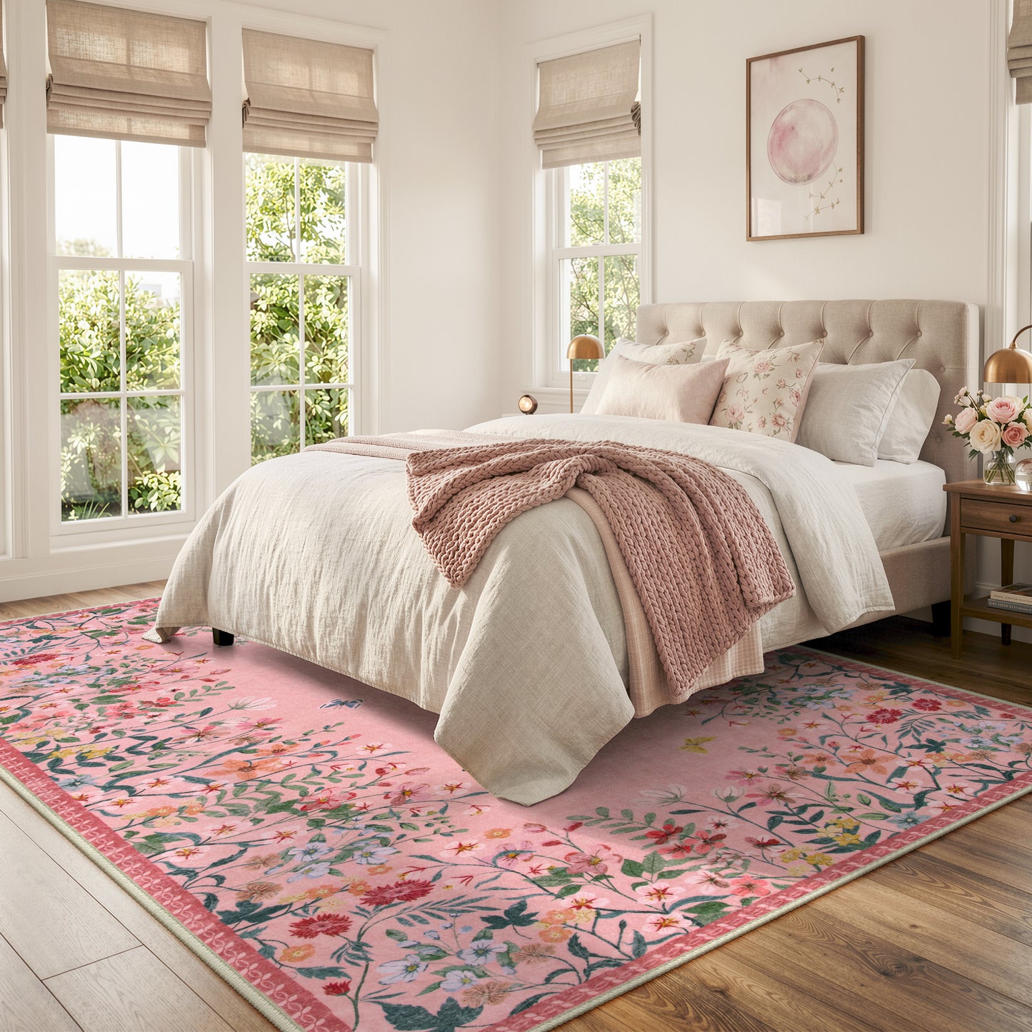 Wonnitar Floral Washable Rug, Rugs for Bedroom, Soft Low Pile Living Room Area Rug, Non-Slip Throw Carpet for Nursery Playroom