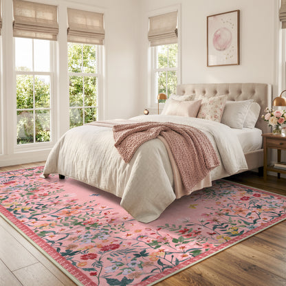 Wonnitar Floral Washable Rug, Rugs for Bedroom, Soft Low Pile Living Room Area Rug, Non-Slip Throw Carpet for Nursery Playroom