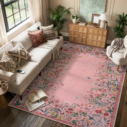 Wonnitar Floral Washable Rug, Rugs for Bedroom, Soft Low Pile Living Room Area Rug, Non-Slip Throw Carpet for Nursery Playroom