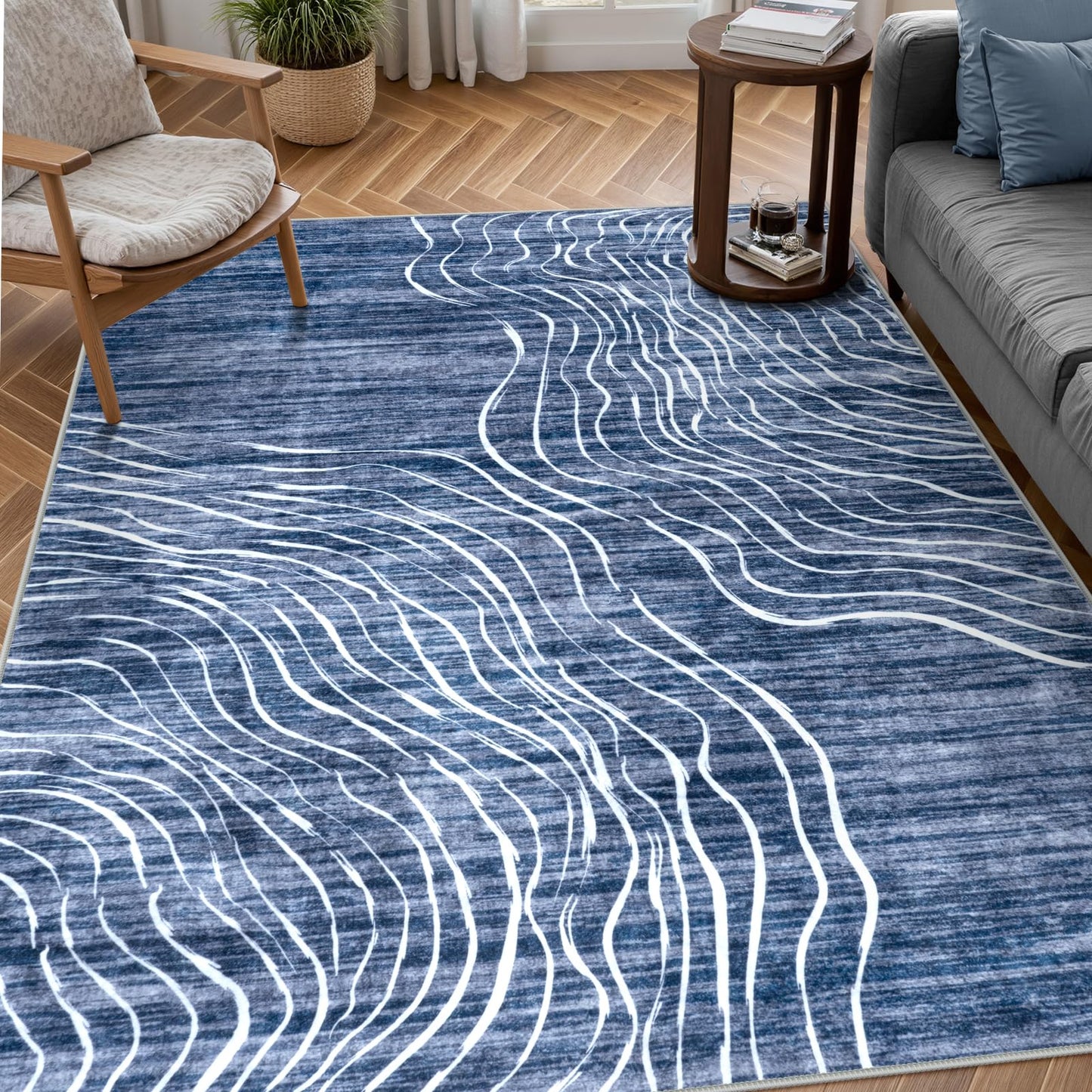 RUG ROBOT Abstract Area Rugs for Living Room, Soft Washable Rugs for Bedroom, Non-Slip Modern Wave Striped Large Accent Carpet for Dining Room Kitchen Nursery