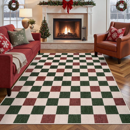 RUG ROBOT Christmas Area Rugs for Living Room, Checkered Machine Washable Large Carpet Rugs for Dining Room, Non Slip Soft Low Pile Farmhouse Geometric Modern Xmas decor Rugs for Bedroom