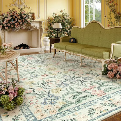 Moynesa Boho Green Area Rugs Living Room, Washable Floral Large Area Rugs for Bedroom, Soft Non-Slip Thin Rug for Nursery Kids Playroom Home