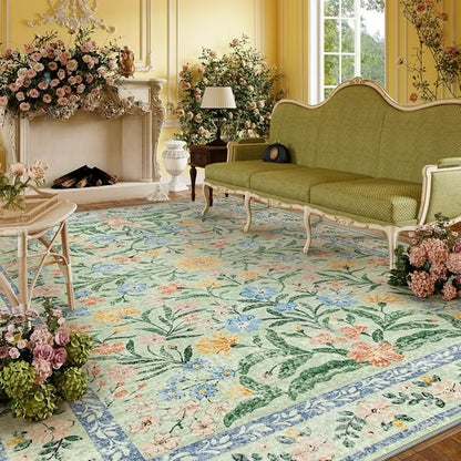 Moynesa Boho Green Area Rugs Living Room, Washable Floral Large Area Rugs for Bedroom, Soft Non-Slip Thin Rug for Nursery Kids Playroom Home