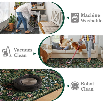 Lahome Floral Washable Rug, Large Rugs for Living Room, Soft Boho Bedroom Rugs, Non Slip Botanical Ultra Thin Floor Carpet for Dining Room Nursery