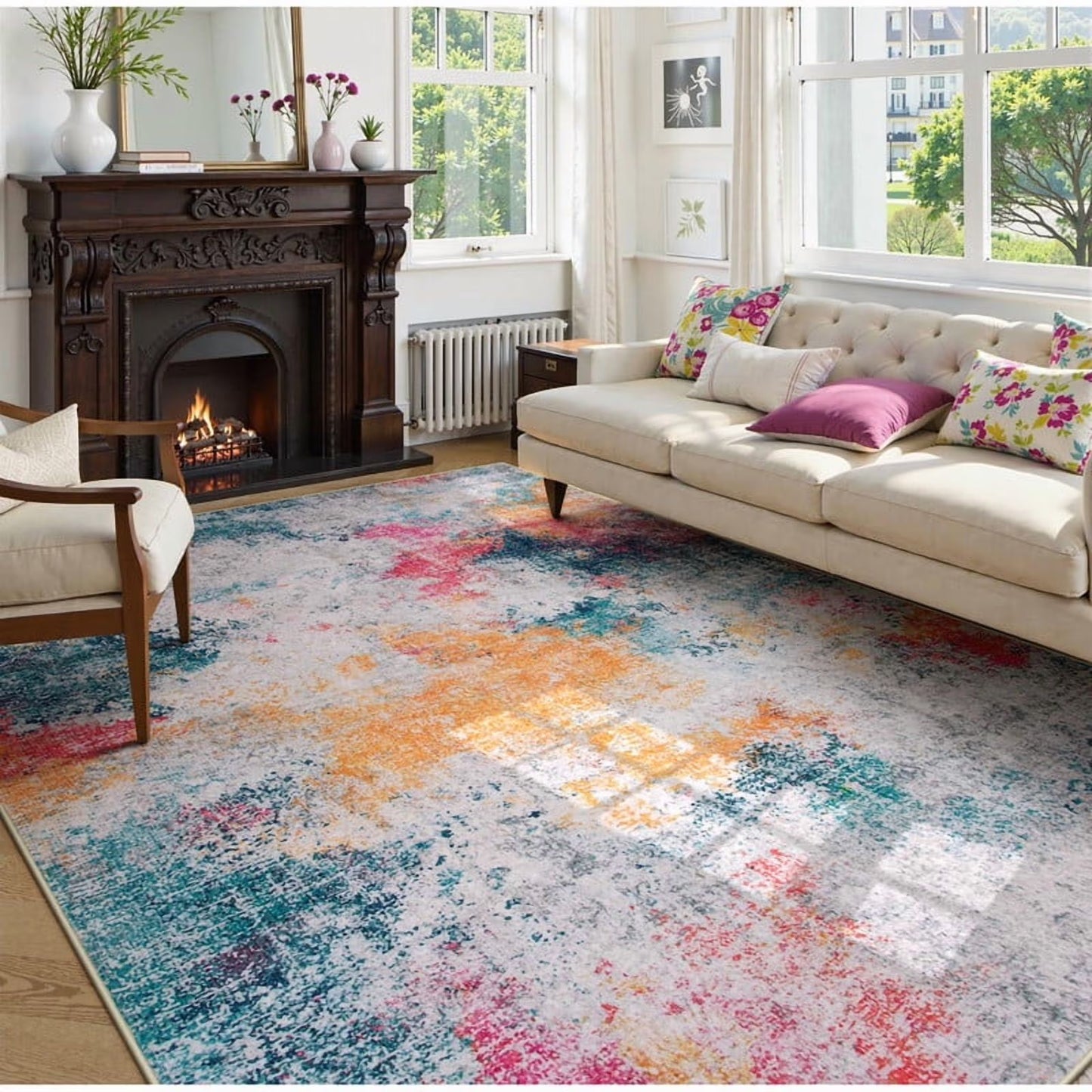 RUG ROBOT Abstract Living Room Rug, Soft Modern Washable Area Rugs for Bedroom Non Slip, Ultra Thin Foldable Low Pile Carpet for Dining Room Kitchen Bathroom Office