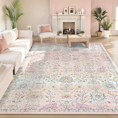 Wonnitar Boho Area Rug, Rugs for Bedroom Large Living Room Area Rugs Soft Floral Playroom Rug, Washable Rugs Non Slip Pastel Rug for Bedroom Living Room Carpet