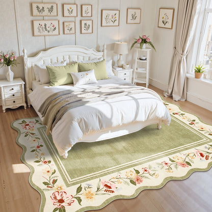 Lahome Floral Scalloped Area Rug for Living Room - Ultra-Thin Soft Washable Non-Slip Bedroom Stain Resistant Lightweight Boho Low-Pile Throw for Dining Room Office