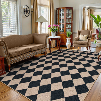 SUNDEREY Modern Geometric Area Rug,Large Washable Living Room Rug,Checkerboard Indoor Outdoor Carpet, Farmhouse Checkered Non Slip Black Carpet for Dining Room Table Apartment Walmart Walmart 8' x 10' Black/ Coline