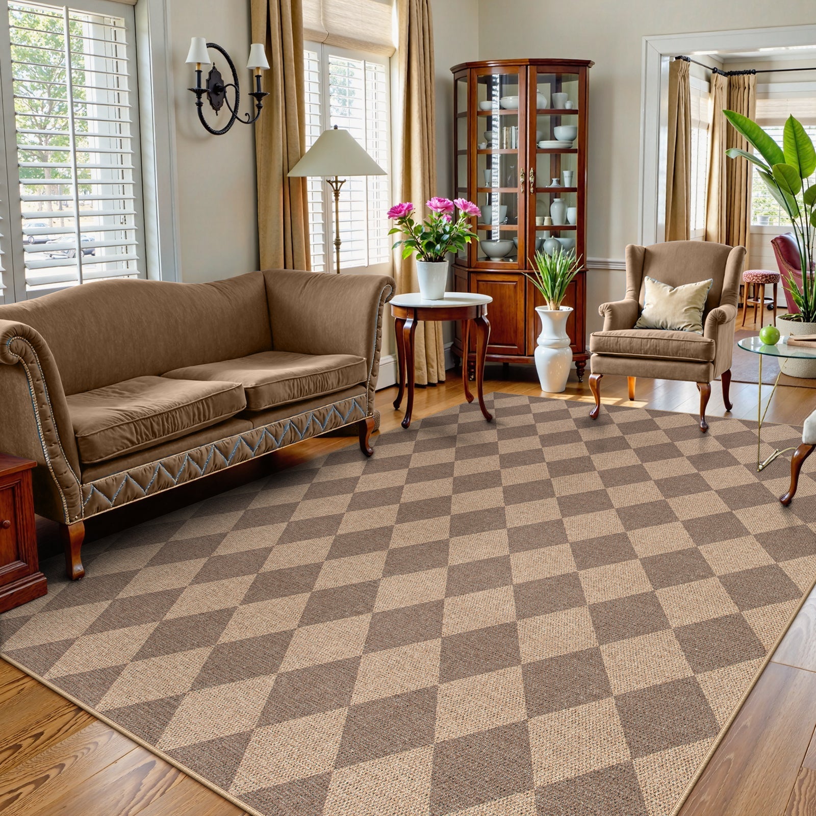 SUNDEREY Modern Geometric Area Rug,Large Washable Living Room Rug,Checkerboard Indoor Outdoor Carpet, Farmhouse Checkered Non Slip Black Carpet for Dining Room Table Apartment Walmart Walmart 8' x 10' Khaki/ Coline
