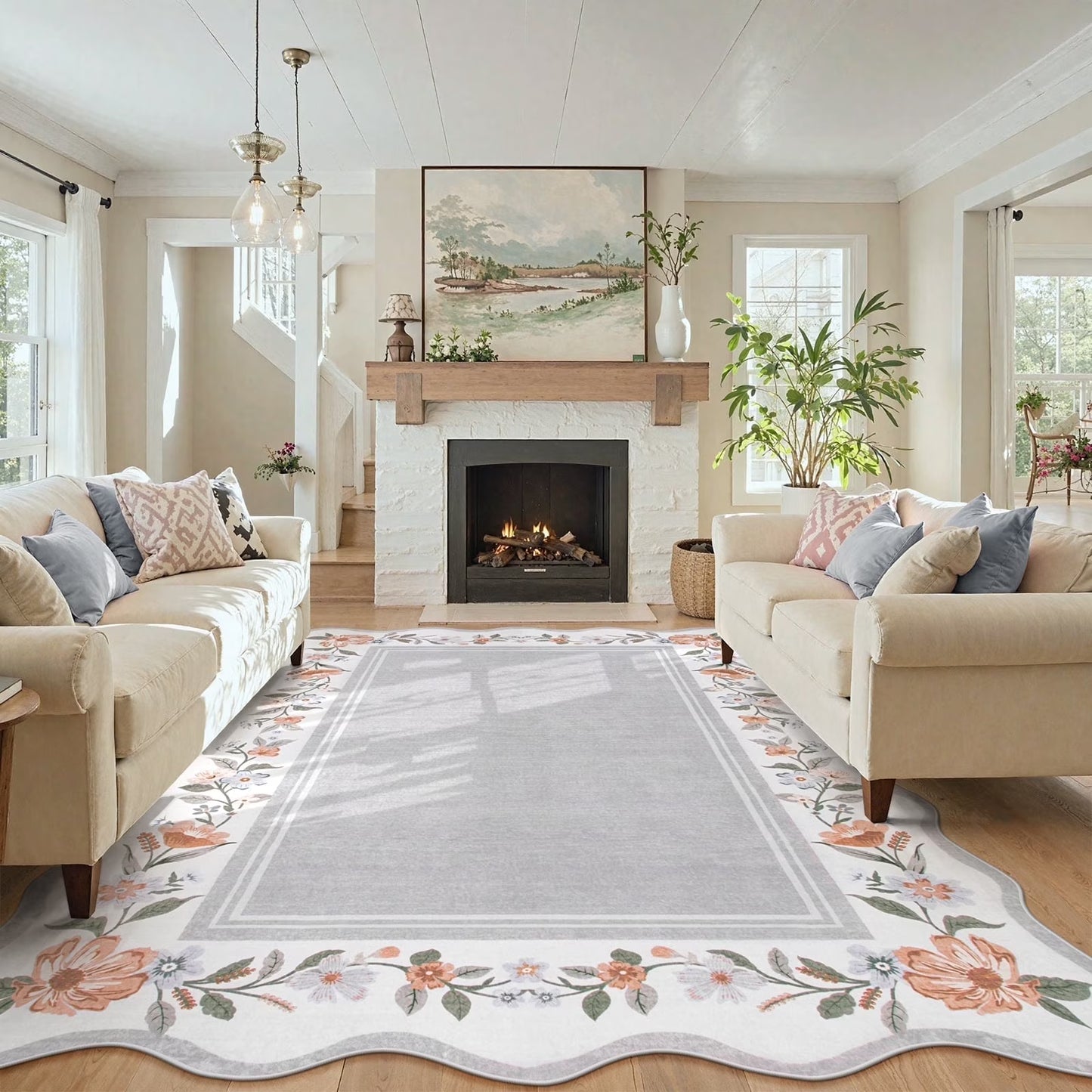 Lahome Floral Scalloped Area Rug for Living Room - Ultra-Thin Soft Washable Non-Slip Bedroom Stain Resistant Lightweight Boho Low-Pile Throw for Dining Room Office