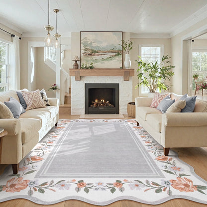 Lahome Floral Scalloped Area Rug for Living Room - Ultra-Thin Soft Washable Non-Slip Bedroom Stain Resistant Lightweight Boho Low-Pile Throw for Dining Room Office