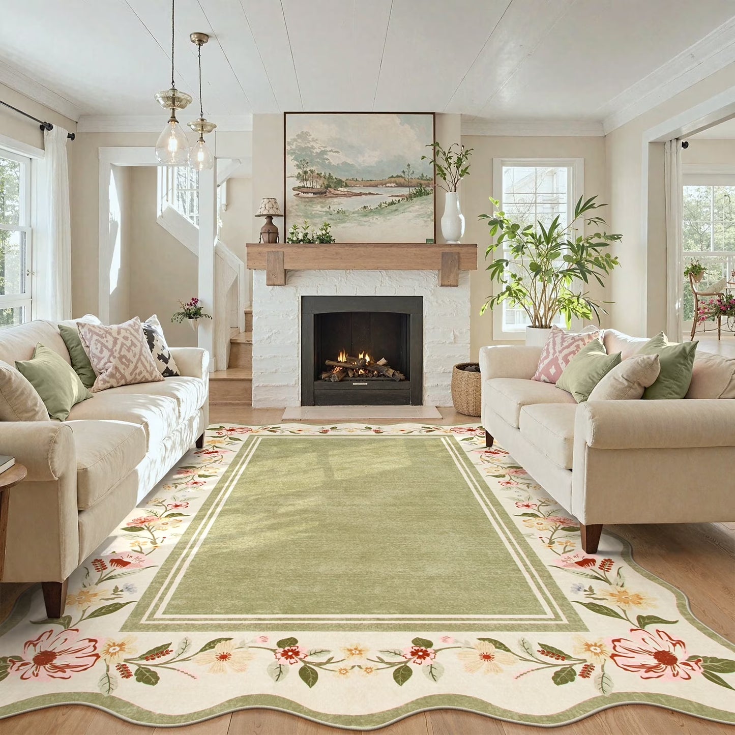 Lahome Floral Scalloped Area Rug for Living Room - Ultra-Thin Soft Washable Non-Slip Bedroom Stain Resistant Lightweight Boho Low-Pile Throw for Dining Room Office