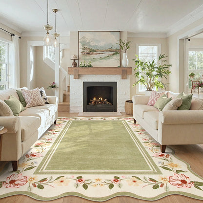 Lahome Floral Scalloped Area Rug for Living Room - Ultra-Thin Soft Washable Non-Slip Bedroom Stain Resistant Lightweight Boho Low-Pile Throw for Dining Room Office