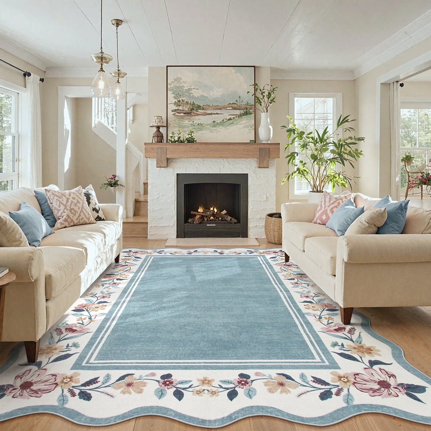 Lahome Floral Scalloped Area Rug for Living Room - Ultra-Thin Soft Washable Non-Slip Bedroom Stain Resistant Lightweight Boho Low-Pile Throw for Dining Room Office