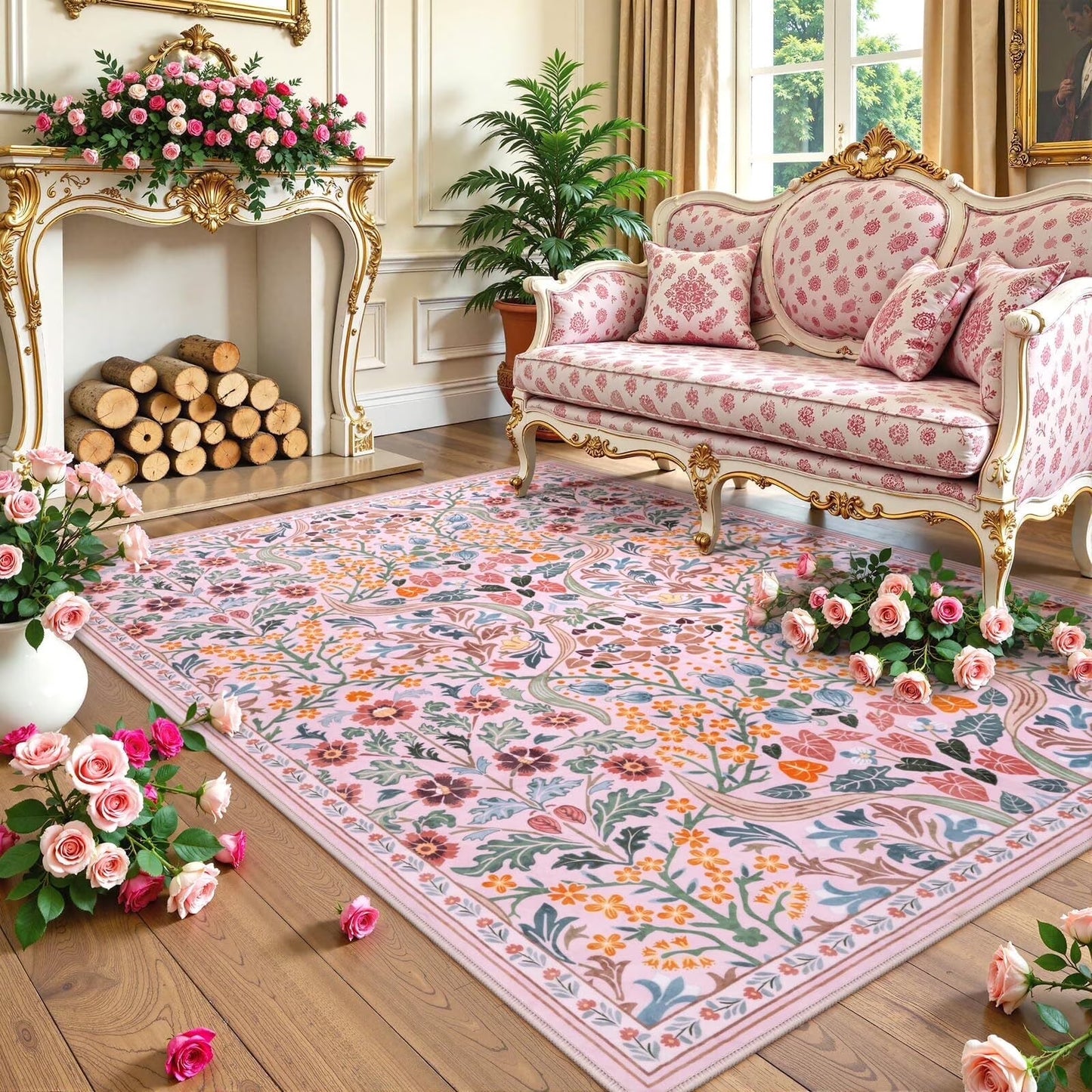 Lahome Floral Washable Rug, Large Rugs for Living Room, Soft Boho Bedroom Rugs, Non Slip Botanical Ultra Thin Floor Carpet for Dining Room Nursery