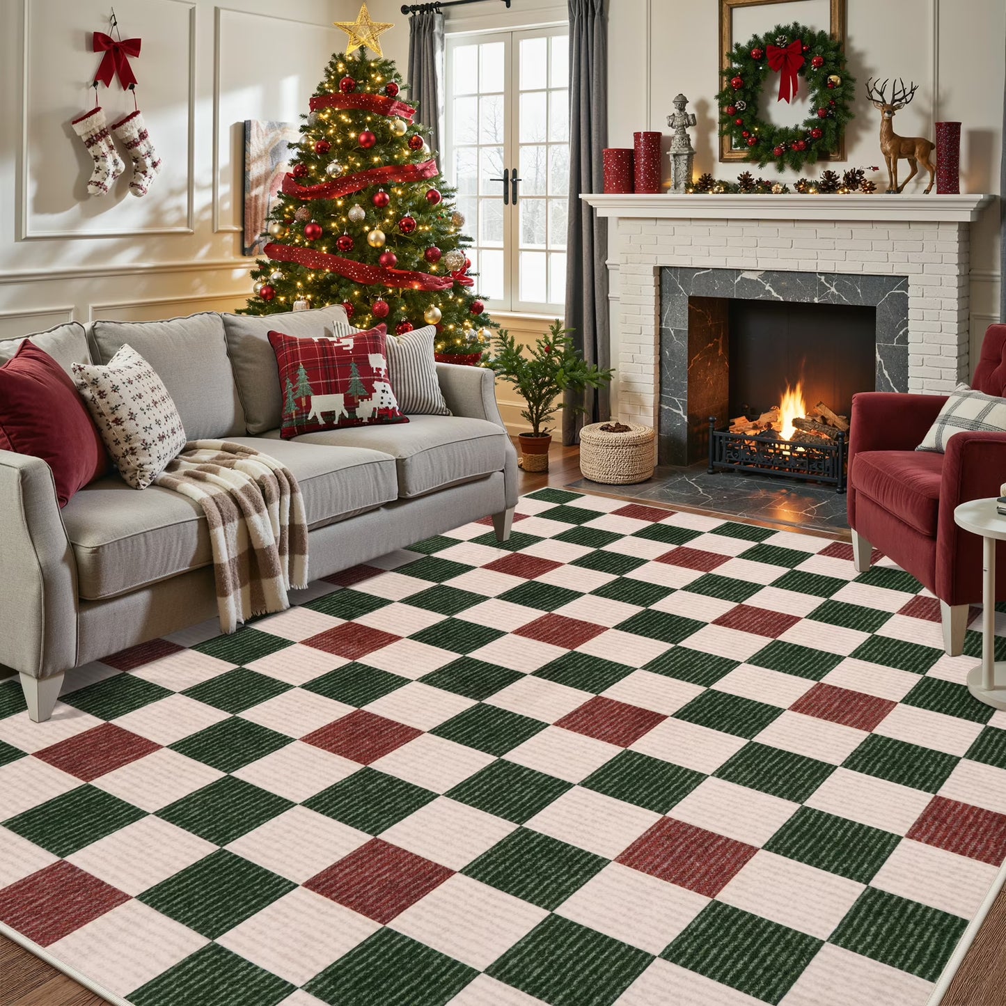 RUG ROBOT Christmas Area Rugs for Living Room, Checkered Machine Washable Large Carpet Rugs for Dining Room, Non Slip Soft Low Pile Farmhouse Geometric Modern Xmas decor Rugs for Bedroom