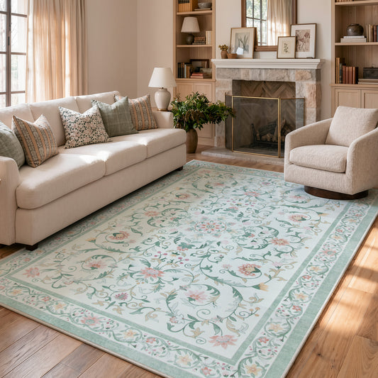 Lahome Washable Area Rug, Vintage Floral Rugs for Living Room, Soft Low Pile Non-Slip Botanical Carpet for Girls Bedroom, Boho Flower Large Nursery Playroom Dining Room Decor