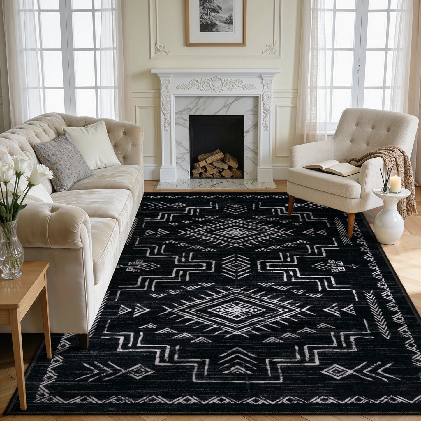 Lahome Moroccan Washable Area Rug - Western & Aztec Tribal Design, Soft Non-Slip Stain Resistant Carpet for Living Room, Bedroom, Dining Room, and Office