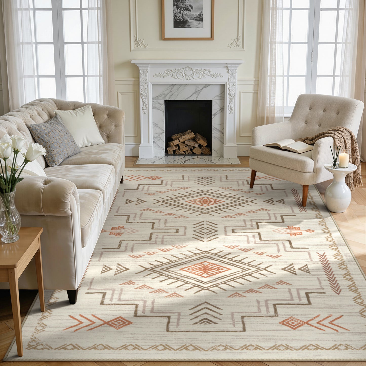 Lahome Moroccan Washable Area Rug - Western & Aztec Tribal Design, Soft Non-Slip Stain Resistant Carpet for Living Room, Bedroom, Dining Room, and Office