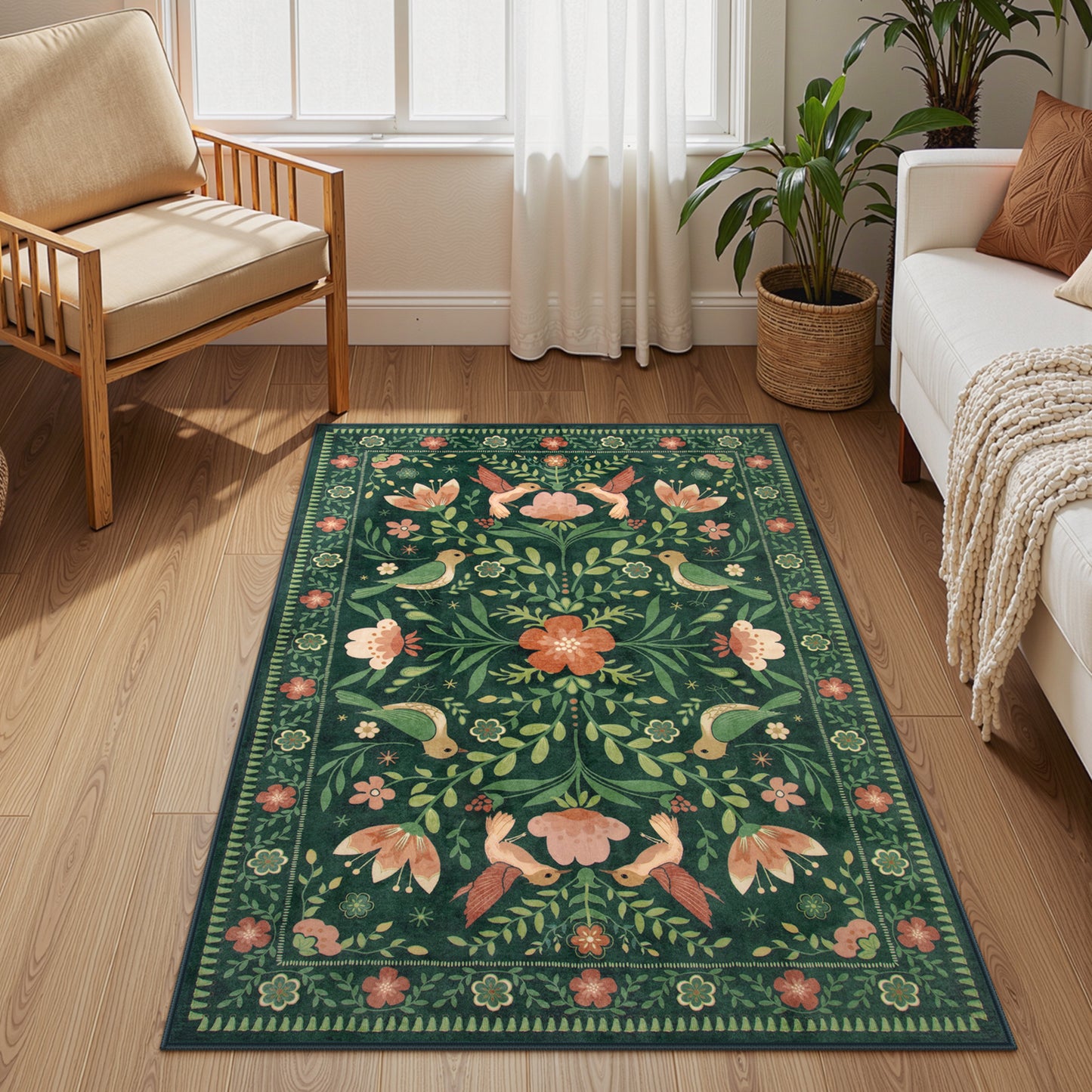 Lahome Decor Boho Bird Area Rugs,Floral Rug for Living Room Machine Washable,Soft Indoor Carpet,Non-Slip Low Pile for Bedroom Dining Room Playroom Office