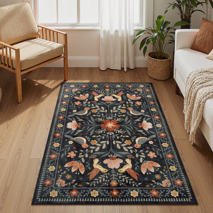 Lahome Decor Boho Bird Area Rugs,Floral Rug for Living Room Machine Washable,Soft Indoor Carpet,Non-Slip Low Pile for Bedroom Dining Room Playroom Office