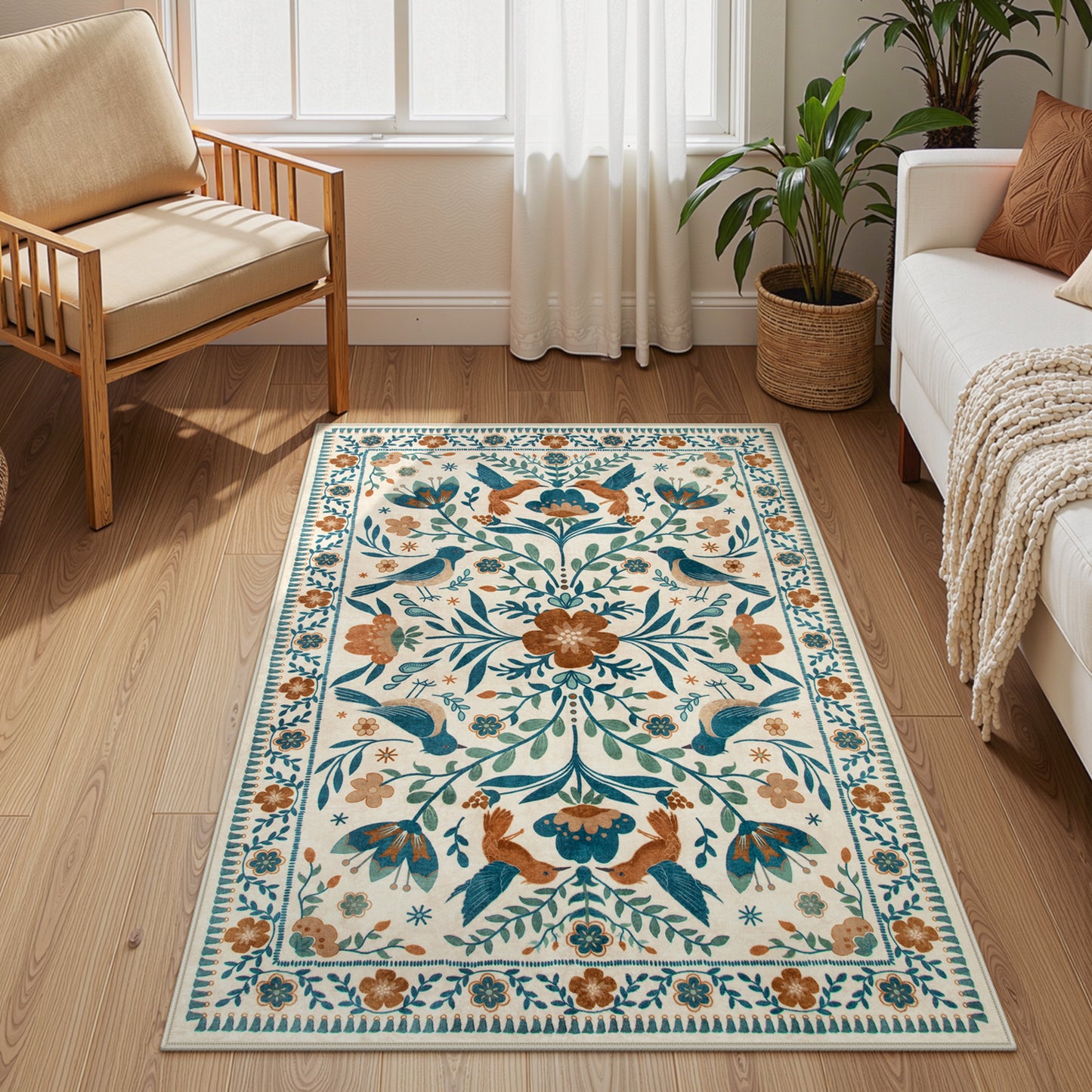 Lahome Decor Boho Bird Area Rugs,Floral Rug for Living Room Machine Washable,Soft Indoor Carpet,Non-Slip Low Pile for Bedroom Dining Room Playroom Office