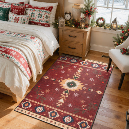 Wonnitar Christmas Area Rug, Washable Holiday Rug for Living Room, Red Southwestern Geometric Christmas Rug Non Slip Low Pile Winter Indoor Carpet for Bedroom Dining Room