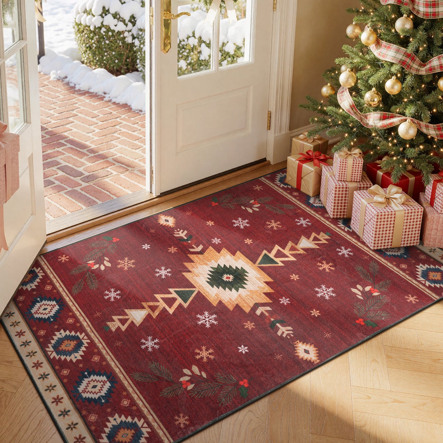 Wonnitar Christmas Area Rug, Washable Holiday Rug for Living Room, Red Southwestern Geometric Christmas Rug Non Slip Low Pile Winter Indoor Carpet for Bedroom Dining Room