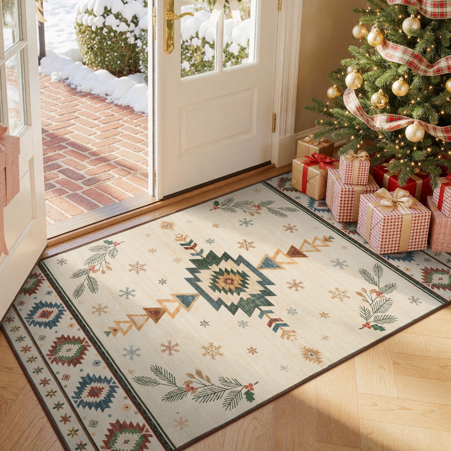 Wonnitar Christmas Area Rug, Washable Holiday Rug for Living Room, Red Southwestern Geometric Christmas Rug Non Slip Low Pile Winter Indoor Carpet for Bedroom Dining Room