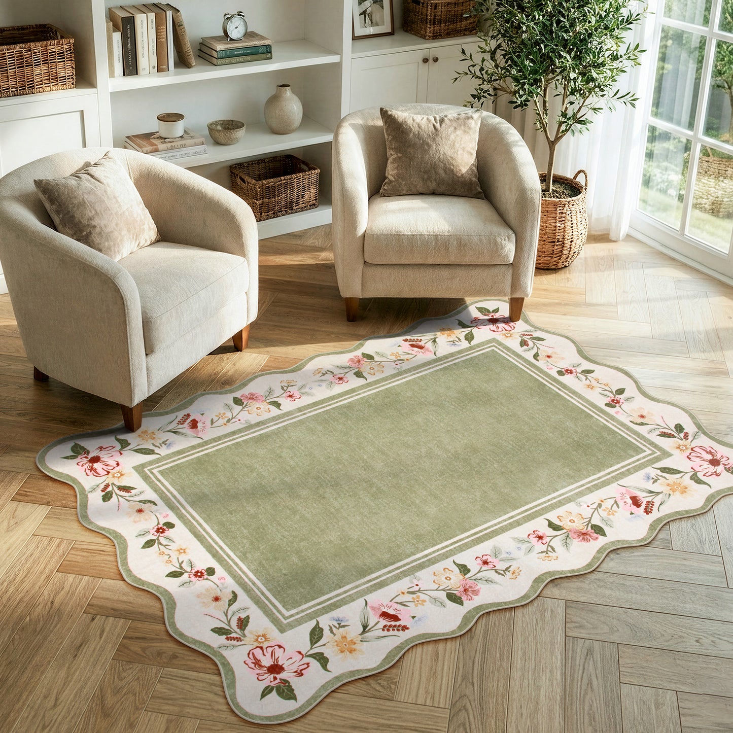 Lahome Floral Scalloped Area Rug for Living Room - Ultra-Thin Soft Washable Non-Slip Bedroom Stain Resistant Lightweight Boho Low-Pile Throw for Dining Room Office