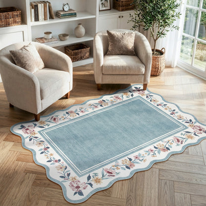 Lahome Floral Scalloped Area Rug for Living Room - Ultra-Thin Soft Washable Non-Slip Bedroom Stain Resistant Lightweight Boho Low-Pile Throw for Dining Room Office