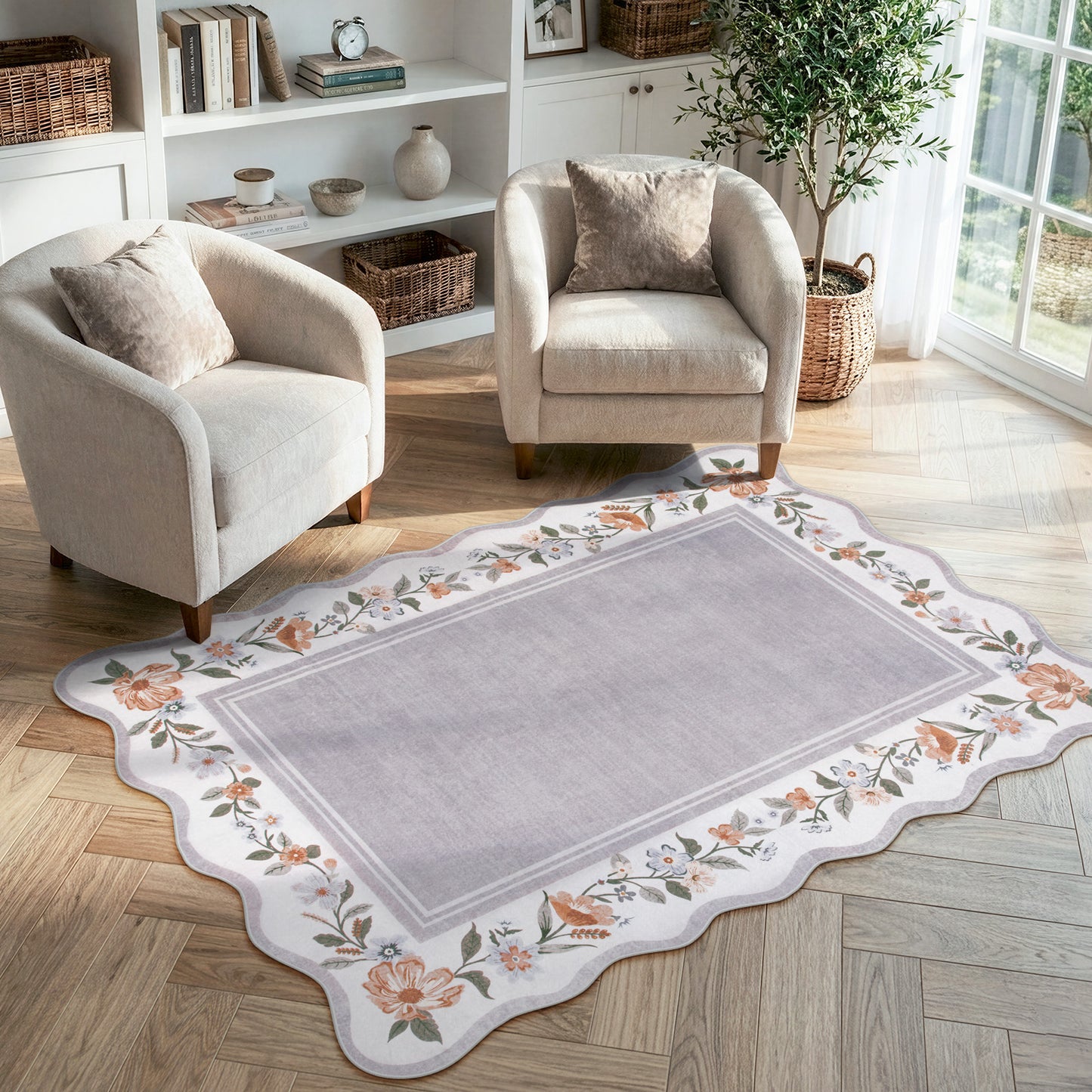 Lahome Floral Scalloped Area Rug for Living Room - Ultra-Thin Soft Washable Non-Slip Bedroom Stain Resistant Lightweight Boho Low-Pile Throw for Dining Room Office